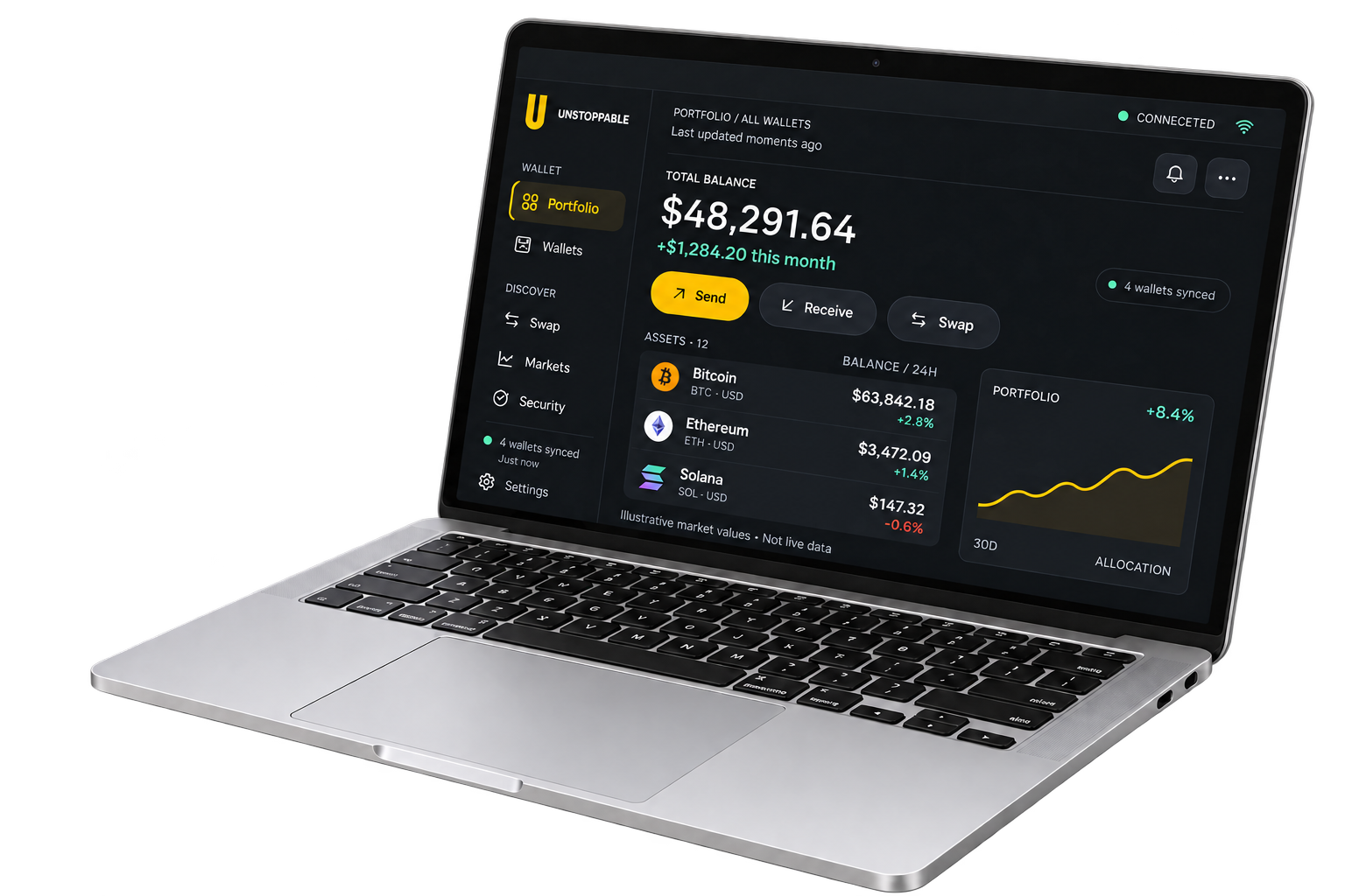 Unstoppable Wallet portfolio displayed on a silver laptop. Illustrative market values, not live data.